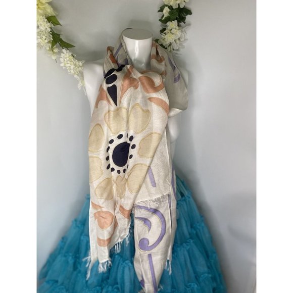 Cashmere Wrappings 100% Silk Wrap Scarf Shawl 80”x27” Cream Black Orange Purple - Picture 14 of 16